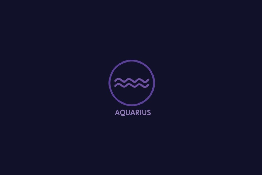Ilustração do signo de aquário na cor roxa, com círculo roxo ao redor e o nome do signo abaixo, sobre um fundo roxo