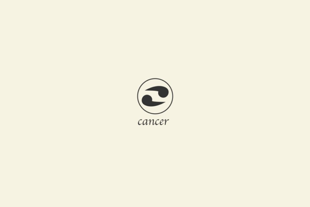 Ilustração do signo de câncer na cor preta, com um círculo em volta e o nome abaixo, sobre um fundo cinza
