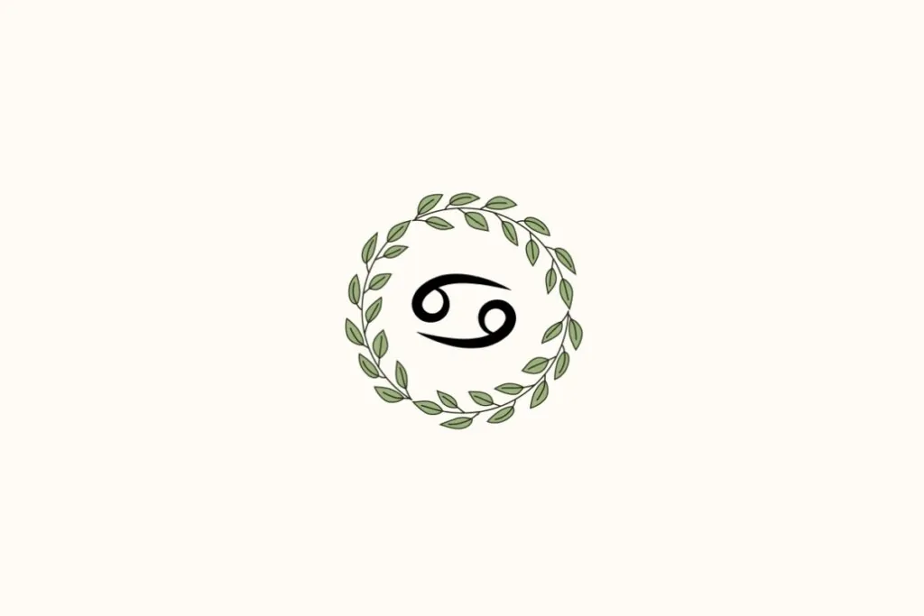 Ilustração de uma coroa de plantas ao redor do signo de câncer, sobre fundo amarelo-claro