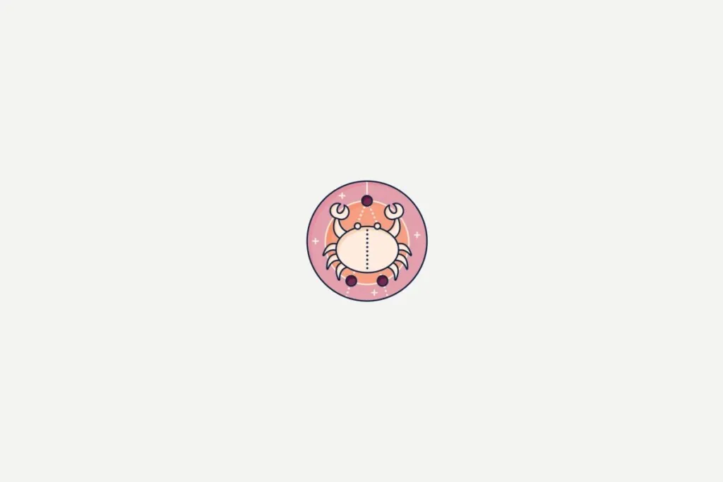 Ilustração de um caranguejo dentro de um círculo rosa representando o signo de câncer sobre fundo cinza