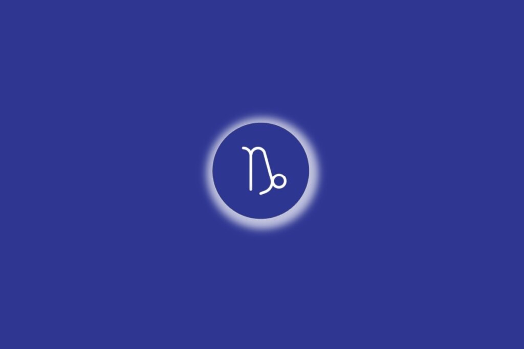 Ilustração do signo de Capricórnio em um círculo azul, com luz branca ao redor, sobre um fundo azul
