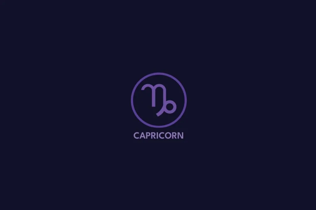 Ilustração do signo de capricórnio na cor roxa, com círculo roxo ao redor e o nome do signo abaixo, sobre um fundo roxo