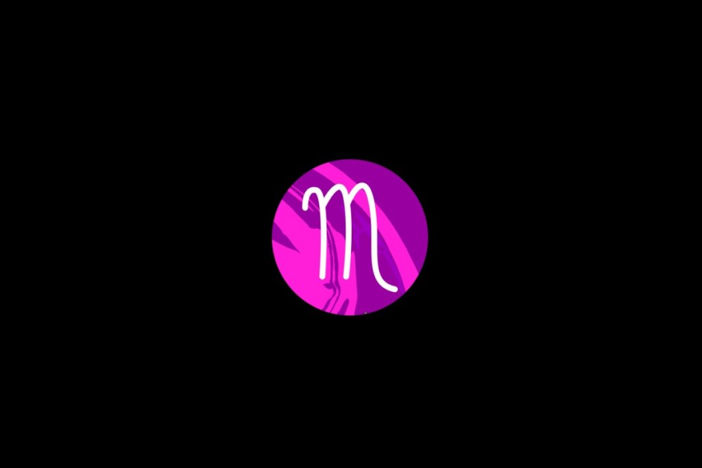 Ilustração do signo de escorpião, dentro de um círculo rosa, sobre um fundo preto