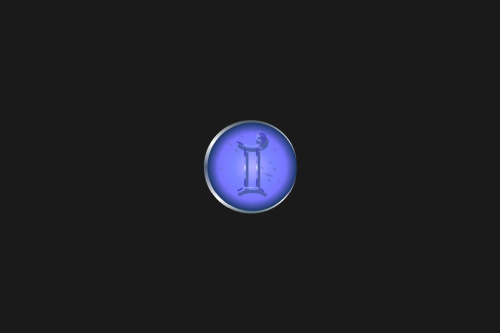 Ilustração de um círculo azul, com o símbolo de gêmeos dentro, centralizado em um fundo preto