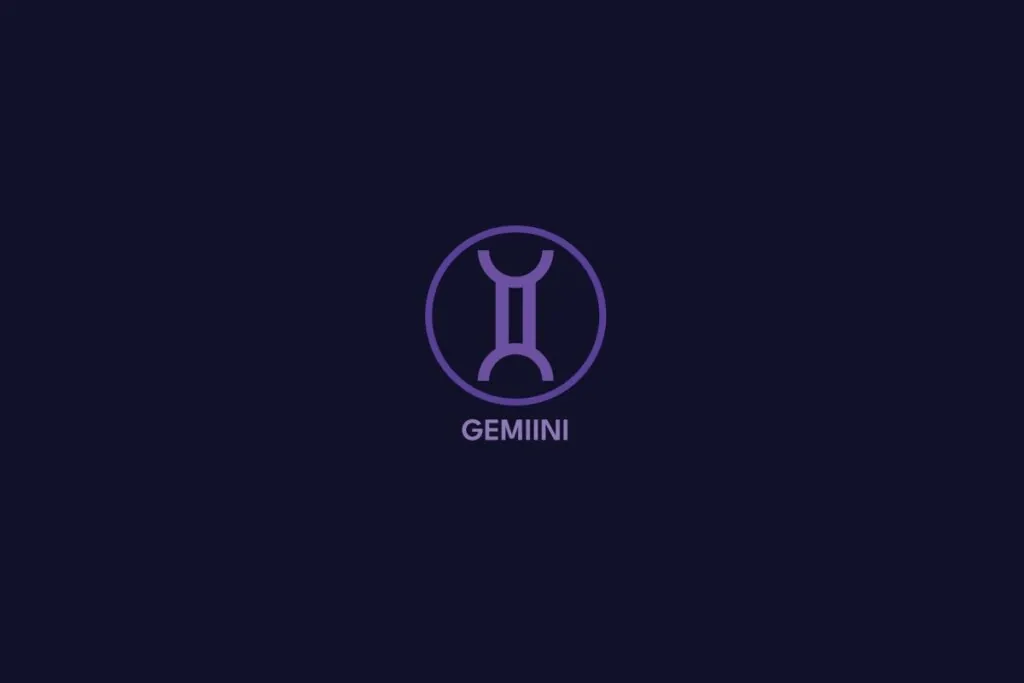 Ilustração do signo de gêmeos na cor roxa, com círculo roxo ao redor e o nome do signo abaixo, sobre um fundo roxo