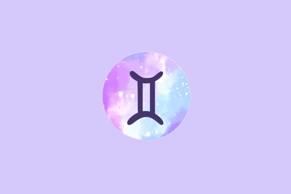 Imagem do signo de Gêmeos, com um símbolo composto por duas linhas verticais paralelas ligadas por pequenos traços, centralizado em um fundo em tons suaves de roxo e azul