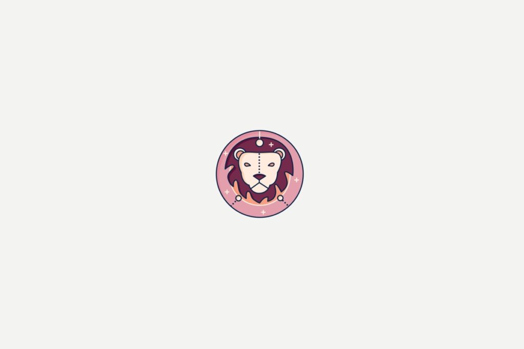 Ilustração de um leão dentro de um círculo rosa representando o signo de leão sobre fundo cinza