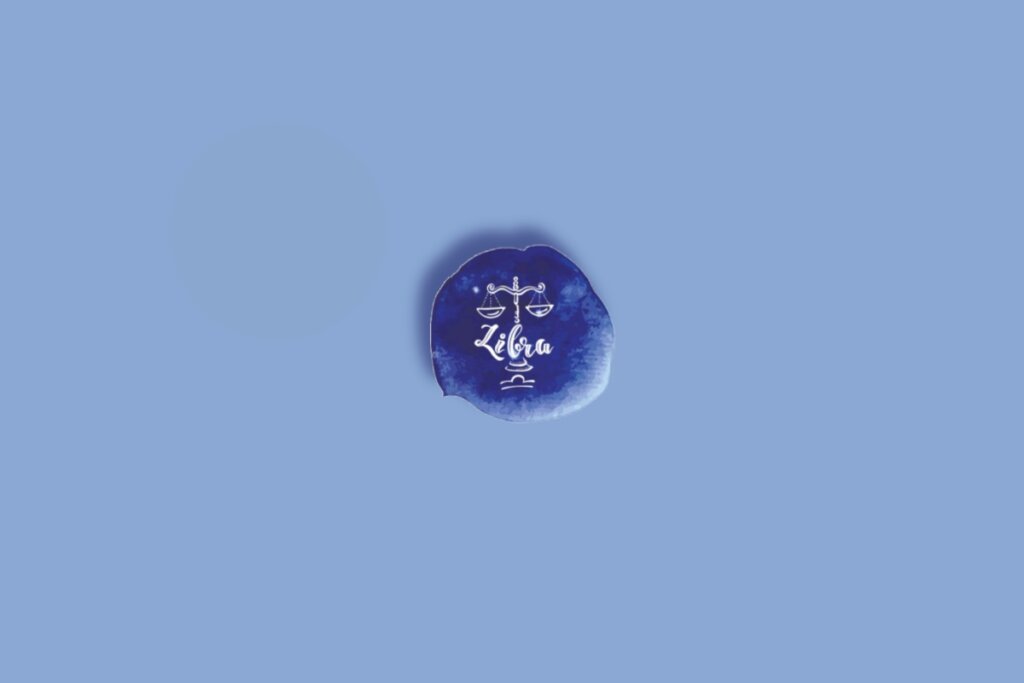 Ilustração do signo de libra, dentro de um círculo azul-escuro, em um fundo azul-claro