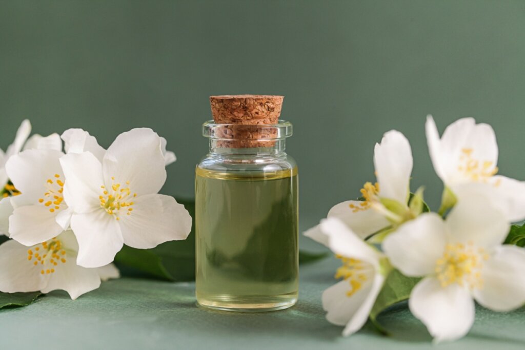 Pote de vidro com rolha, com óleo essencial de jasmim e com flores brancas de jasmim ao lado em fundo verde