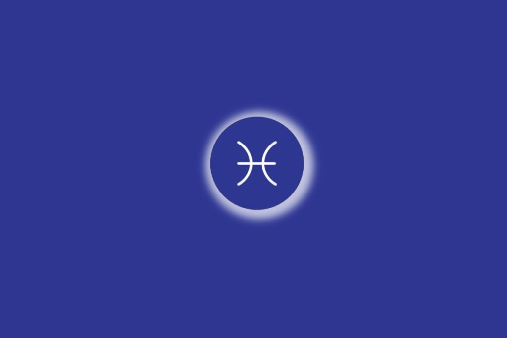 Ilustração do signo de peixes em um círculo azul, com luz branca ao redor, sobre um fundo azul