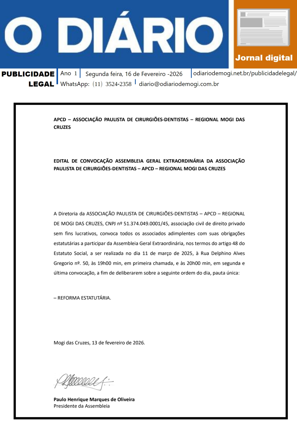 Segunda-feira,16 de Fevereiro 2026