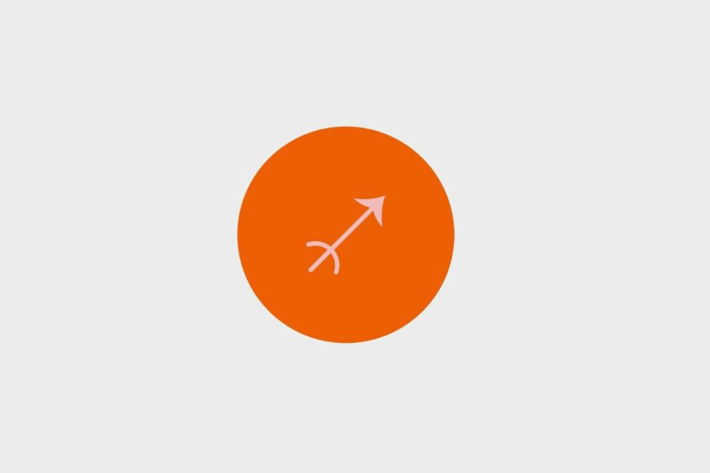 Ilustração rosa do símbolo do signo de sagitário em círculo laranja sobre fundo cinza