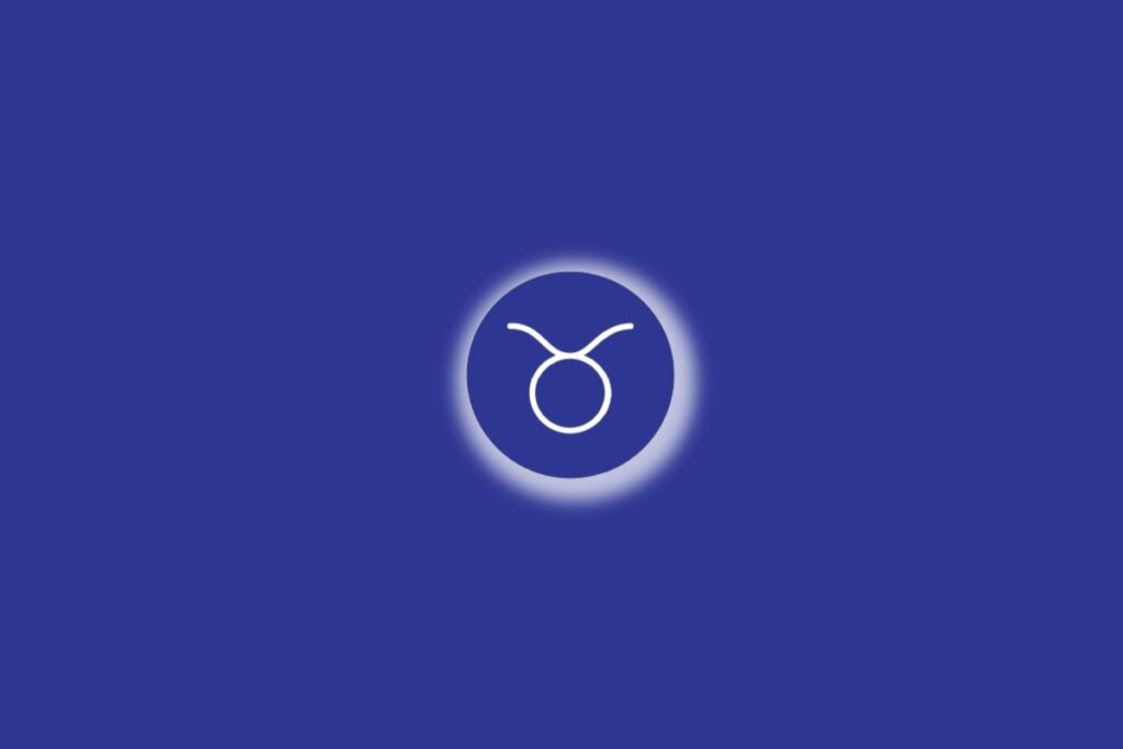 Ilustração do signo de touro em um círculo azul, com luz branca ao redor, sobre um fundo azul