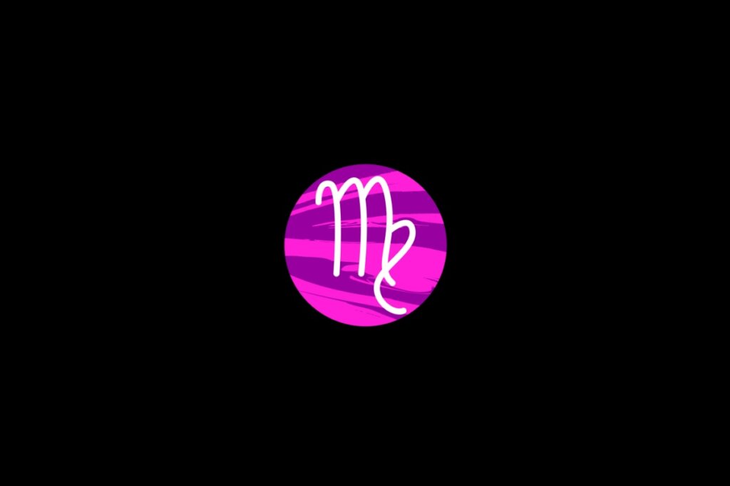 Ilustração do signo de virgem, dentro de um círculo rosa, sobre um fundo preto