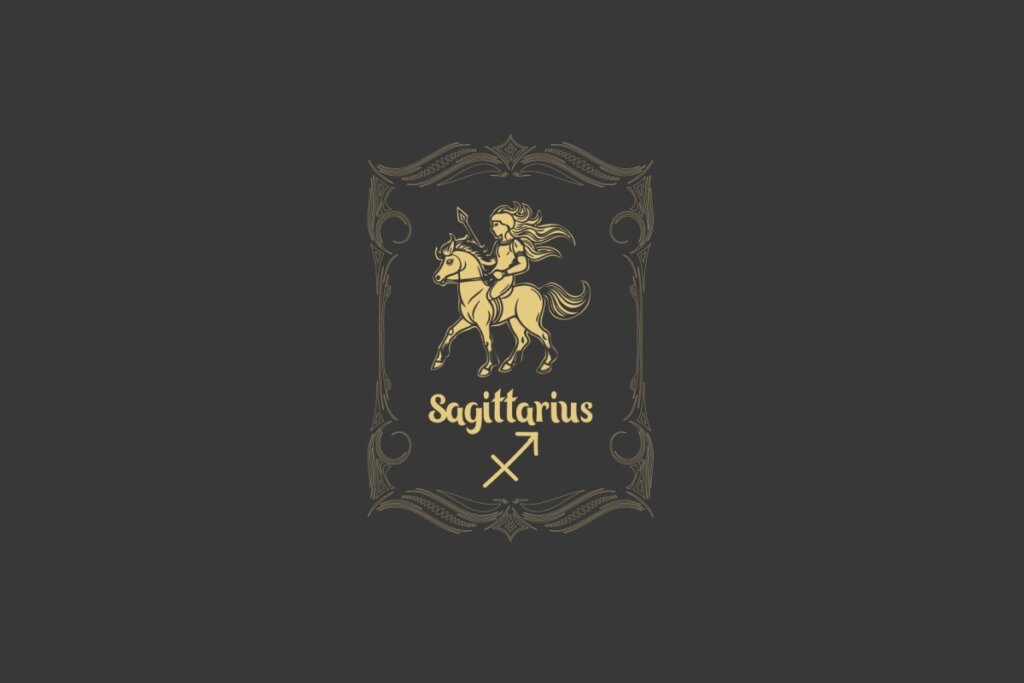 Ilustração do signo de Sagitário com um centauro arqueiro dourado, posicionado dentro de uma moldura ornamentada sobre fundo cinza-escuro