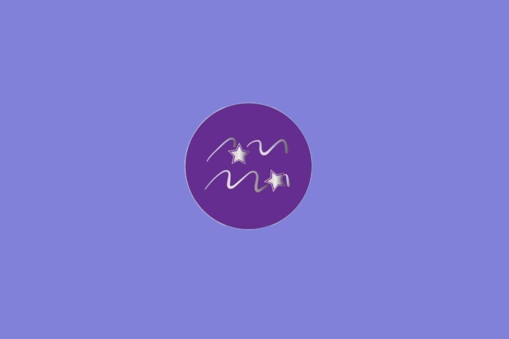 Ilustração do signo de Aquário, contendo símbolo com duas linhas onduladas paralelas e estrelas, em fundo roxo