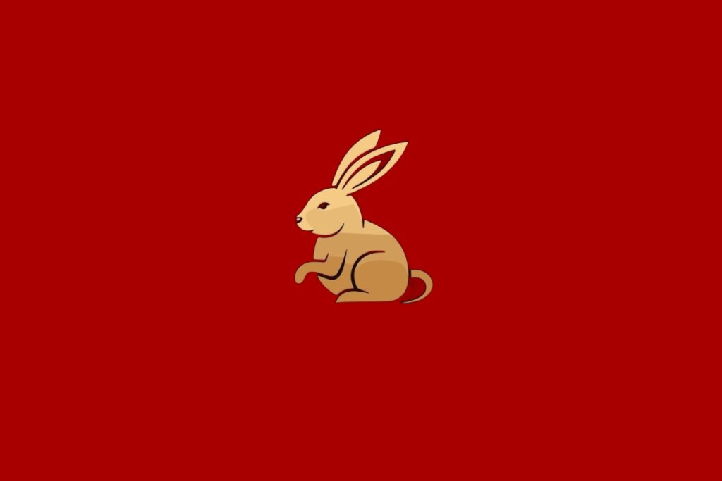 Ilustração do signo de Coelho, contendo um coelho estilizado em fundo vermelho