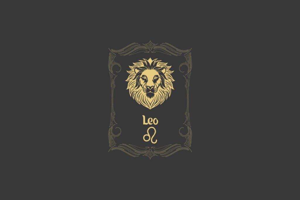 Ilustração do signo de Leão com a cabeça de um leão dourado, emoldurada por elementos decorativos, em um fundo cinza-escuro