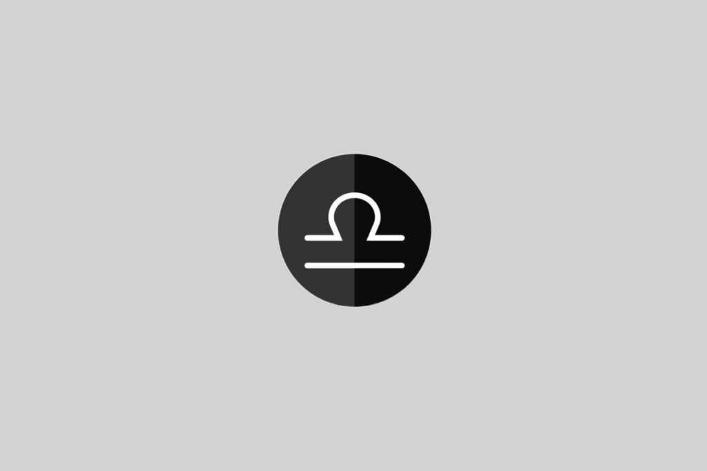 Ilustração do signo de Libra, contendo linha curva branca sobre traço reto, sobre fundo cinza com círculo central preto em dois tons verticais