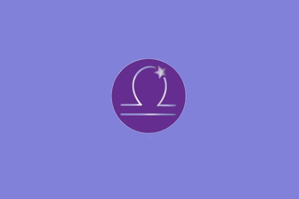 Ilustração do signo de Libra, contendo símbolo de linha horizontal com arco superior e estrela, em fundo roxo