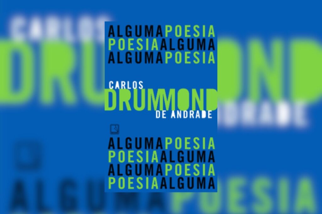 Capa do livro "Alguma poesia", com o nome do autor em destaque sobre um fundo azul com o nome do livro repetido diversas vezes e formando linhas 