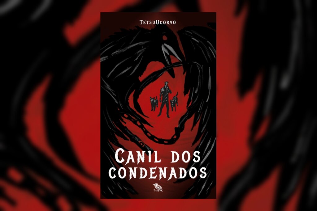 Capa com fundo vermelho vibrante apresentando a silhueta preta de um grande corvo cujas asas emolduram um homem segurando dois cães por correntes. O título está escrito em letras brancas estilizadas na base.