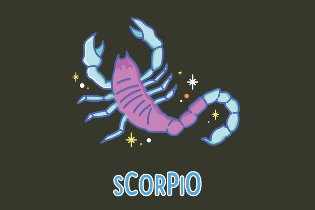 Ilustração estilizada do signo de Escorpião. O animal é representado com o corpo em tom lilás vibrante e patas, garras e cauda em azul claro. O ferrão na ponta da cauda curvada também é lilás. Ao redor do escorpião, há pequenas estrelas brancas e amarelas, além de pontos coloridos que remetem ao espaço. Abaixo, lê-se "SCORPIO" em letras azuis com contorno branco.