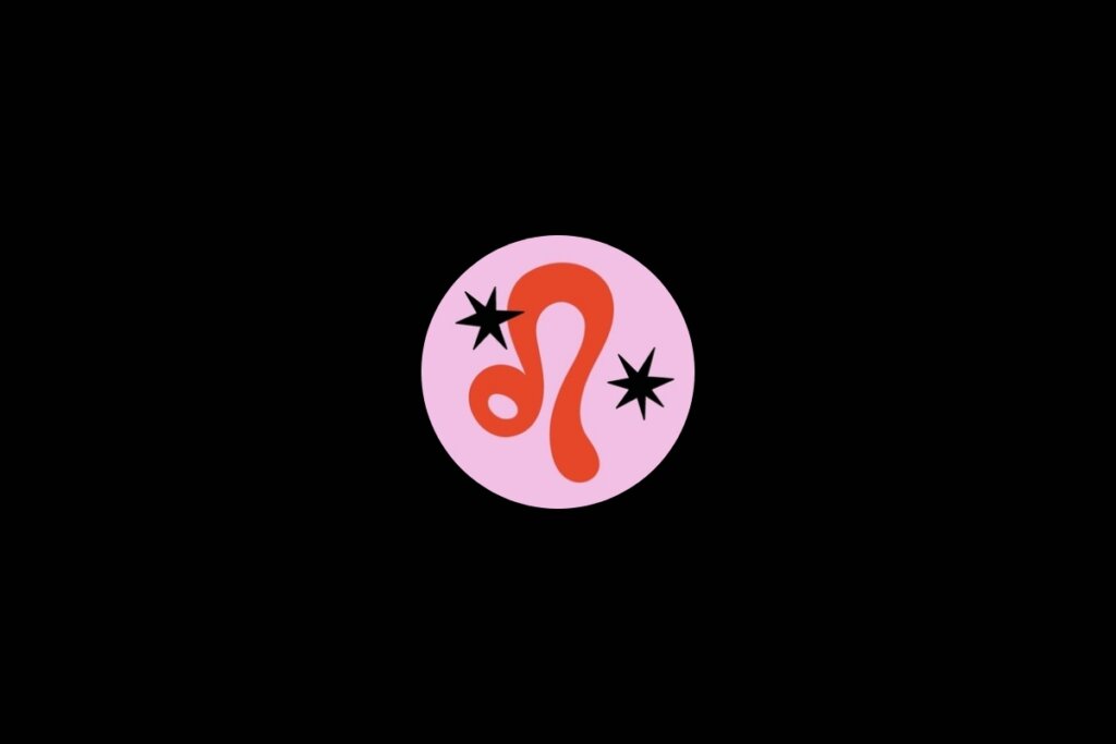 Ilustração do signo de Leão dentro de um círculo rosa em um fundo preto