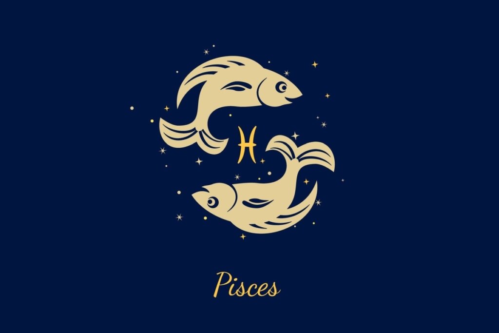 Um fundo azul-marinho escuro com ilustração de dois peixes nadando em direções opostas, formando um círculo. Entre eles, o glifo de Peixes (dois arcos ligados por uma linha). Abaixo, o texto "Pisces".