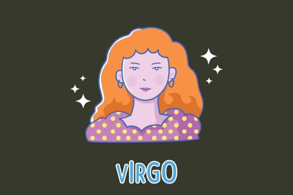 Ilustração do signo de Virgem apresentando o busto de uma mulher jovem de pele clara e longos cabelos ondulados na cor laranja. Ela veste uma blusa roxa com estampa de bolinhas amarelas e usa brincos de argola azuis. Ao redor de sua cabeça, brilham pequenas estrelas brancas de quatro pontas. Na parte inferior, lê-se a palavra "VIRGO" em azul com contorno branco.