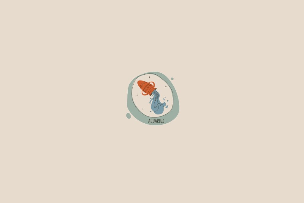 Ilustração do signo de aquário em um fundo bege-claro. Ao redor dele, há um círculo verde-claro e pequenas bolhas