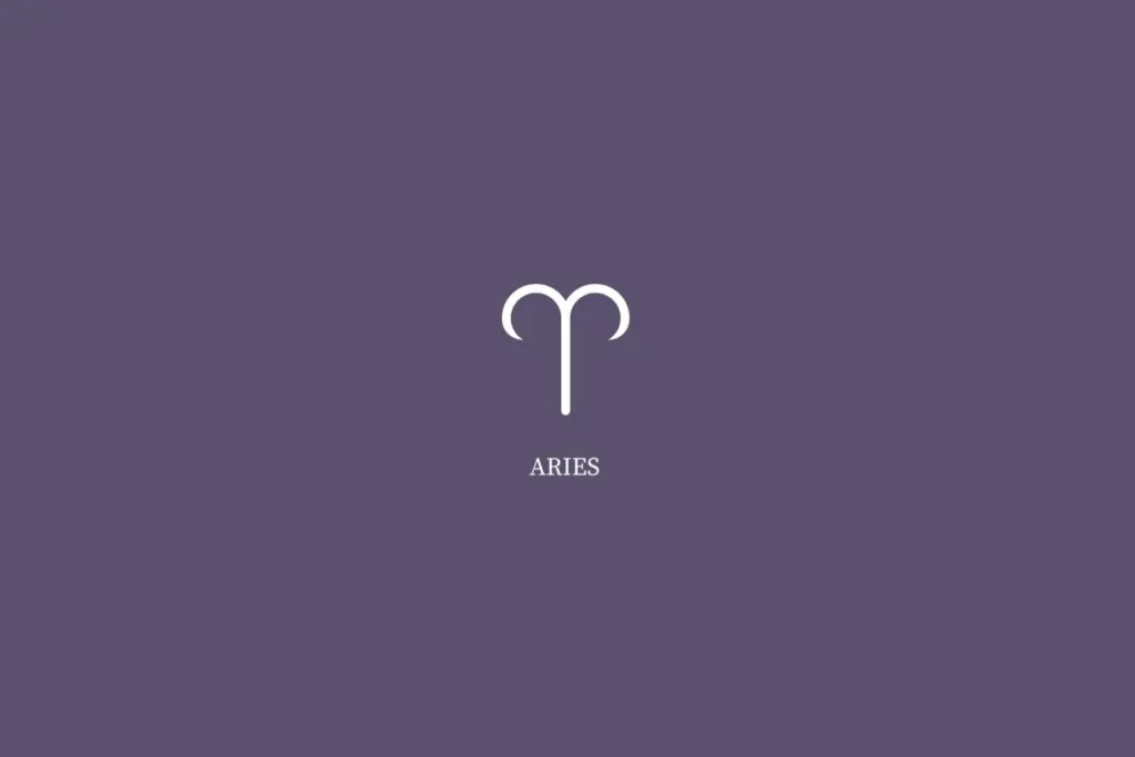 Ilustração do signo de áries, na cor branca e com o nome embaixo, centralizado em um fundo roxo 