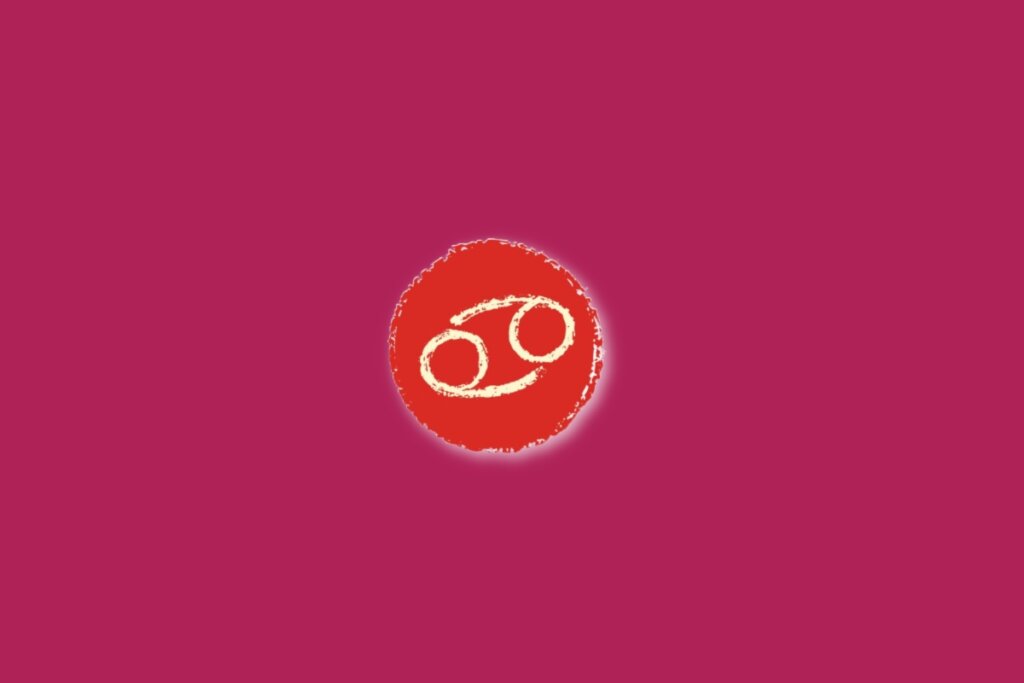 Ilustração do signo de câncer, dentro de um círculo vermelho, sobre um fundo rosa