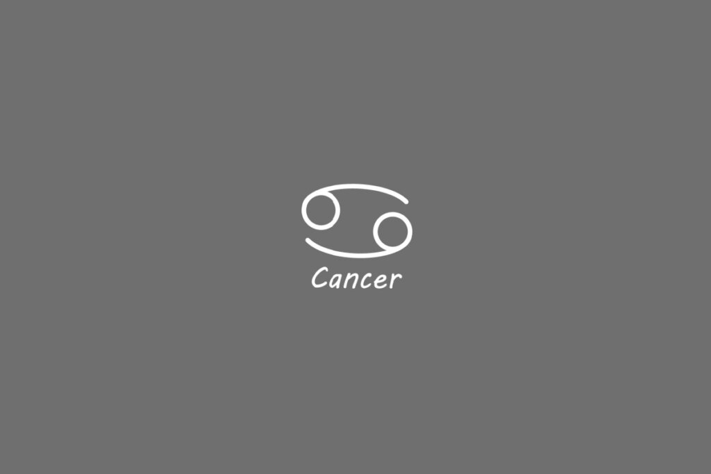 Símbolo do signo de câncer, na cor branca, centralizado em um fundo cinza e com o nome embaixo
