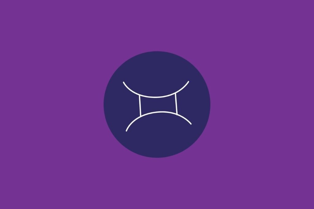 Ilustração do signo de gêmeos, em um círculo azul-escuro, sobre um fundo roxo