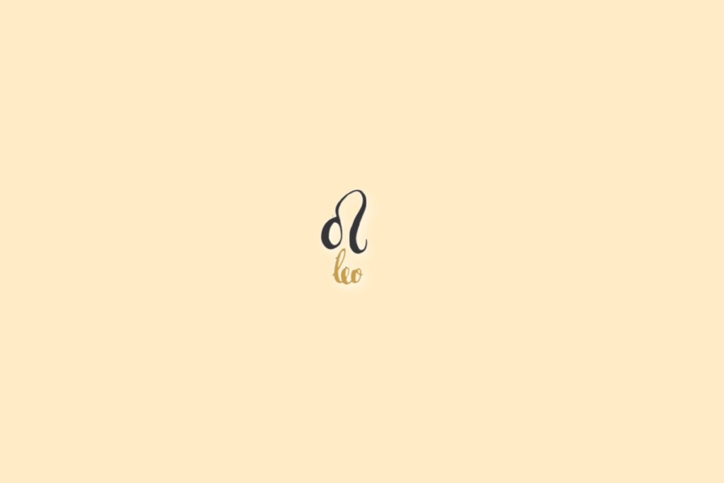 Ilustração do signo de leão, centralizado em um fundo bege-claro, com o nome do signo embaixo