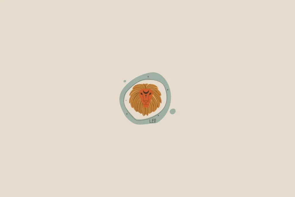 Ilustração do signo de leão em um fundo bege-claro. Ao redor dele, há um círculo verde-claro e pequenas bolhas