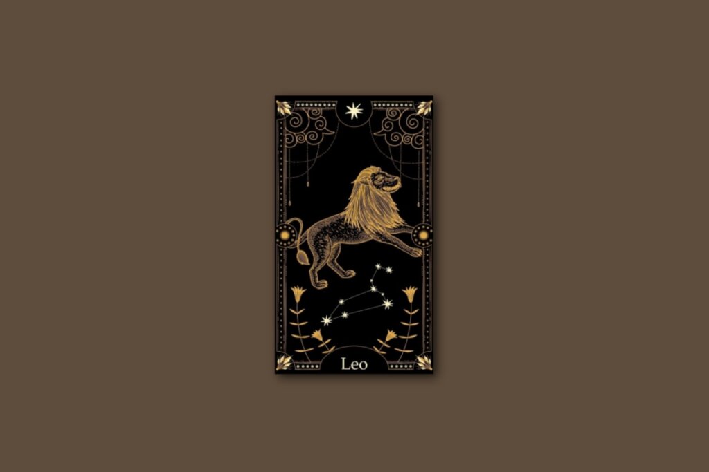 Ilustração de uma carta preta, com o desenho do signo e da constelação de Leão, com borda dourada e estrelas