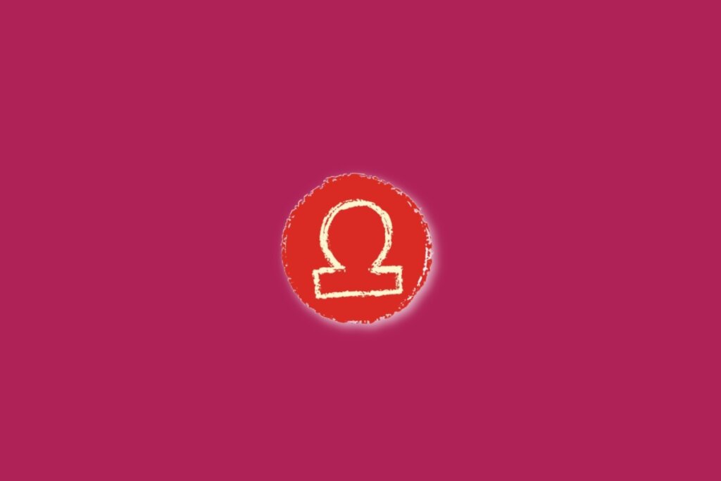 Ilustração do signo de libra, dentro de um círculo vermelho, sobre um fundo rosa
