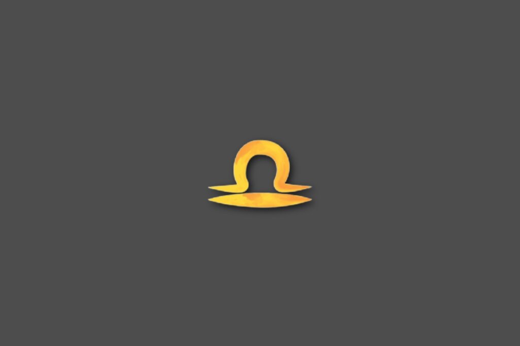 Ilustração do signo de libra na cor amarela e centralizado em um fundo cinza