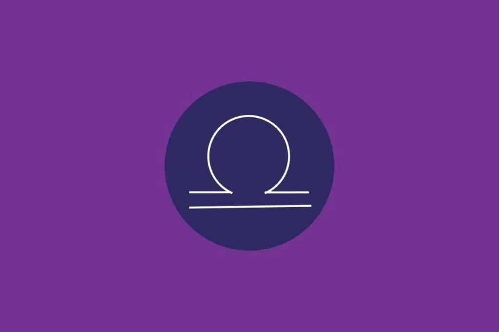 Ilustração do signo de libra, em um círculo azul-escuro, sobre um fundo roxo