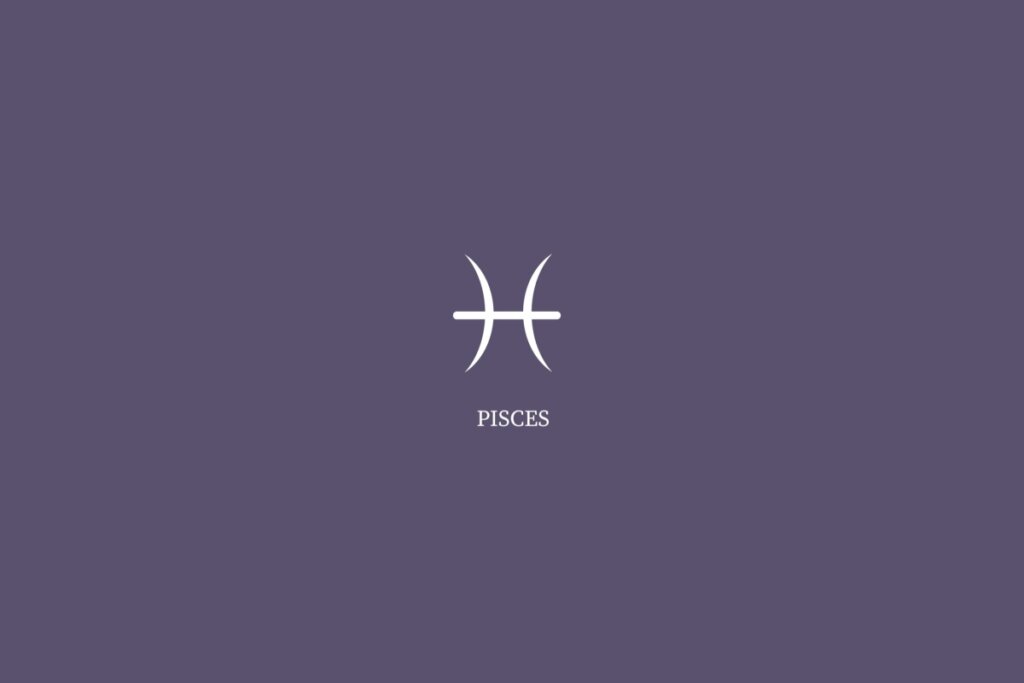 Ilustração do signo de peixes, na cor branca e com o nome embaixo, centralizado em um fundo roxo