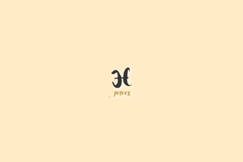 Ilustração do signo de peixes, centralizado em um fundo bege-claro, com o nome do signo embaixo