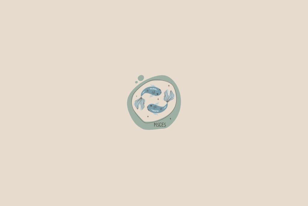 Ilustração do signo de peixes em um fundo bege-claro. Ao redor dele, há um círculo verde-claro e pequenas bolhas
