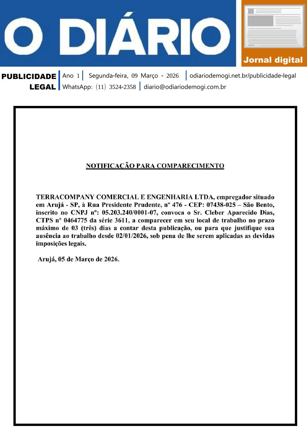Segunda-feira, 09 de Março 2026