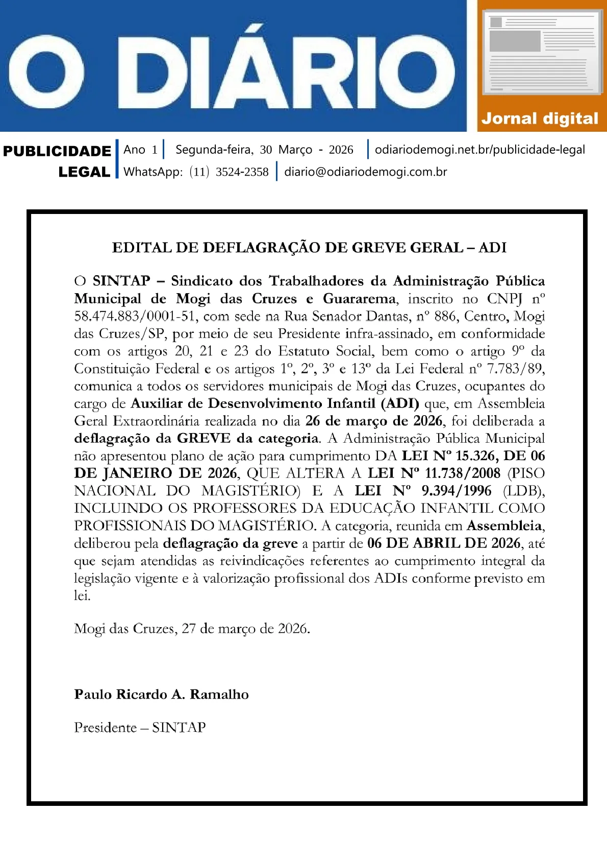 Segunda-feira, 30 de Março 2026
