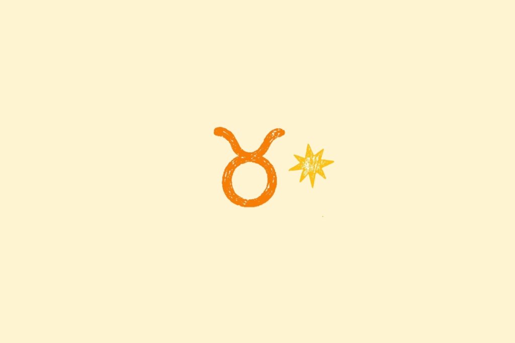 Ilustração do signo de touro na cor laranja, centralizado em um fundo amarelo, e rodeado por estrelas