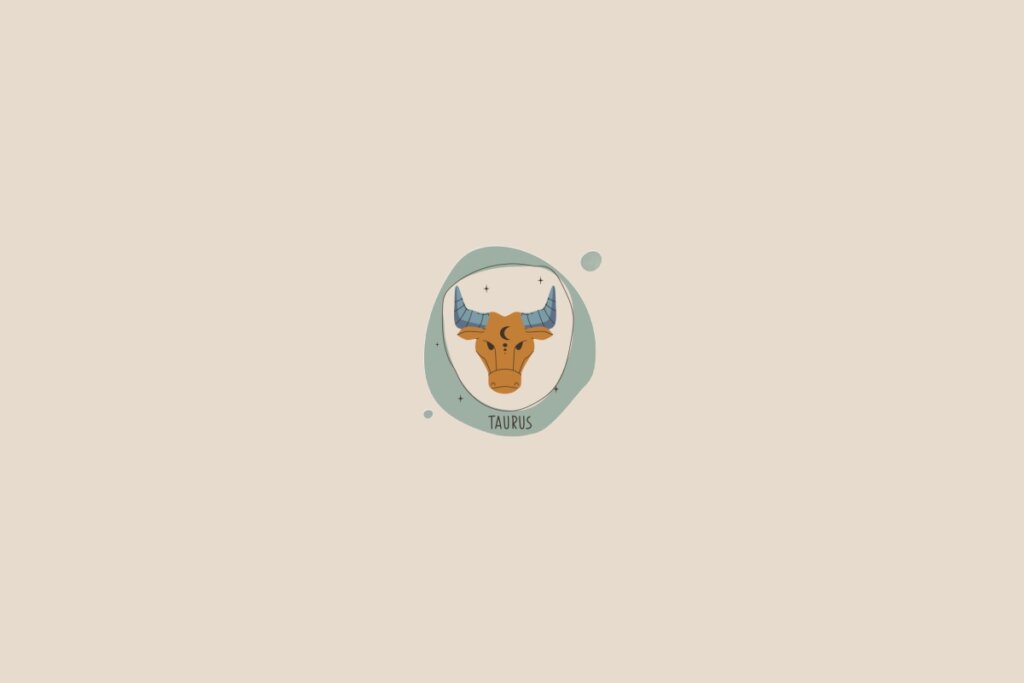 Ilustração do signo de touro em um fundo bege-claro. Ao redor dele, há um círculo verde-claro e pequenas bolhas
