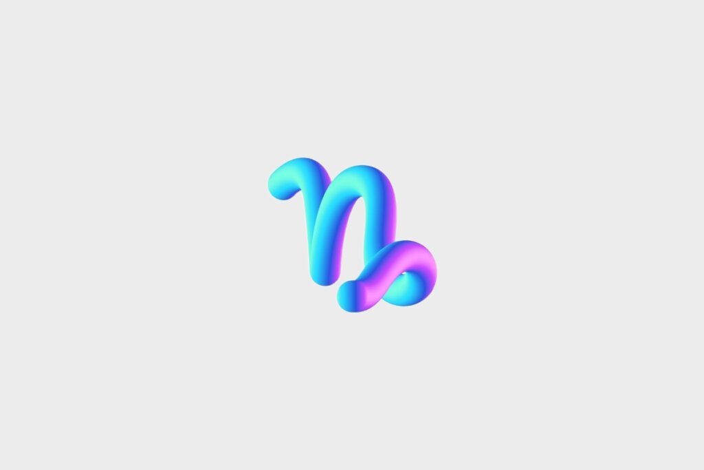 Ilustração do signo de Capricórnio, em fundo cinza, contendo o símbolo em formato 3D com gradiente azul, roxo e rosa, representado por uma linha cursiva em N com espiral na extremidade inferior