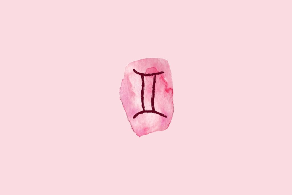 Ilustração do signo de Gêmeos contendo o símbolo de duas linhas verticais paralelas unidas por traços horizontais em aquarela rosa sobre fundo rosa-claro